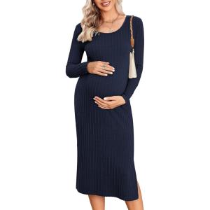 imageEkouaer Maternity Dress Rib Knit Long Sleeve Side Slit Bodycon Dresses Pregnancy Baby Shower Clothes SXXLLong Sleeve Navy Blue
