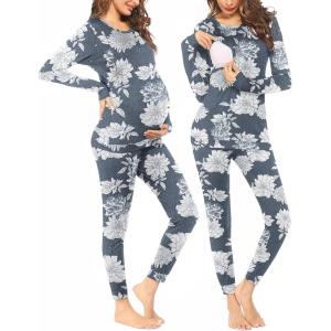 imageEkouaer Nursing Pajama Set Long Sleeve Maternity Sleepwear Labor Delivery Pjs Breastfeeding Thermal Underwear ClothesGray Flowers