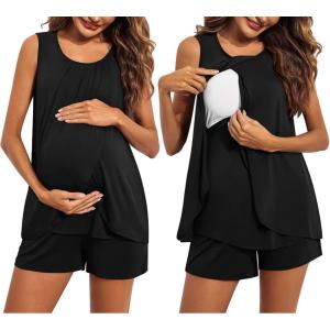 imageEkouaer Women Maternity Nursing Pajama Set Breastfeeding Sleepwear Double Layer Sleeveless Top ampamp Shorts Pregnancy PJSA01black