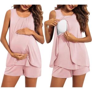imageEkouaer Women Maternity Nursing Pajama Set Breastfeeding Sleepwear Double Layer Sleeveless Top ampamp Shorts Pregnancy PJSA04pink