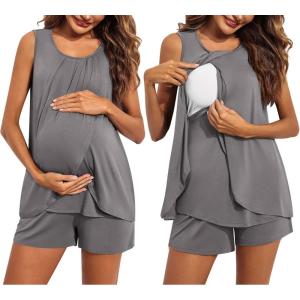 imageEkouaer Women Maternity Nursing Pajama Set Breastfeeding Sleepwear Double Layer Sleeveless Top ampamp Shorts Pregnancy PJSA06grey