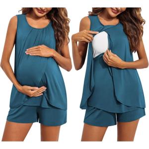 imageEkouaer Women Maternity Nursing Pajama Set Breastfeeding Sleepwear Double Layer Sleeveless Top ampamp Shorts Pregnancy PJSA07blue Green