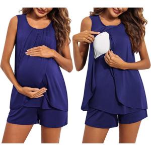 imageEkouaer Women Maternity Nursing Pajama Set Breastfeeding Sleepwear Double Layer Sleeveless Top ampamp Shorts Pregnancy PJSA08navy Blue