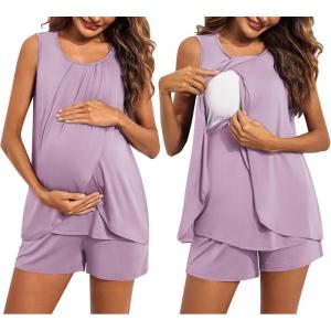 imageEkouaer Women Maternity Nursing Pajama Set Breastfeeding Sleepwear Double Layer Sleeveless Top ampamp Shorts Pregnancy PJSLight Purple