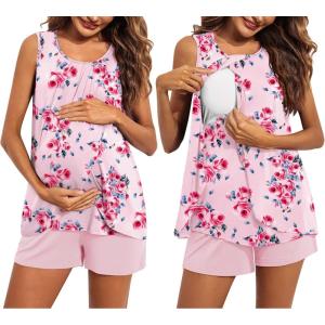 imageEkouaer Women Maternity Nursing Pajama Set Breastfeeding Sleepwear Double Layer Sleeveless Top ampamp Shorts Pregnancy PJSPat1