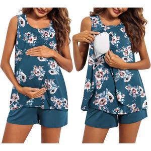 imageEkouaer Women Maternity Nursing Pajama Set Breastfeeding Sleepwear Double Layer Sleeveless Top ampamp Shorts Pregnancy PJSPat2