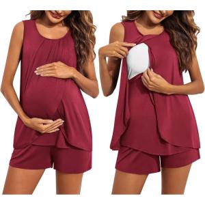 imageEkouaer Women Maternity Nursing Pajama Set Breastfeeding Sleepwear Double Layer Sleeveless Top ampamp Shorts Pregnancy PJSWine Red