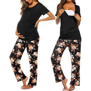 imageEkouaer Womens Maternity Nursing Pajamas Sets Breastfeeding Printed Sleepwear Short Sleeve 2 Pcs Henley Top and Pants SetBlack Floral Print