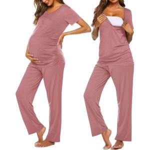 imageEkouaer Womens Maternity Nursing Pajamas Sets Breastfeeding Printed Sleepwear Short Sleeve 2 Pcs Henley Top and Pants SetBurgundy
