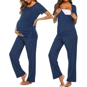 imageEkouaer Womens Maternity Nursing Pajamas Sets Breastfeeding Printed Sleepwear Short Sleeve 2 Pcs Henley Top and Pants SetDark Blue