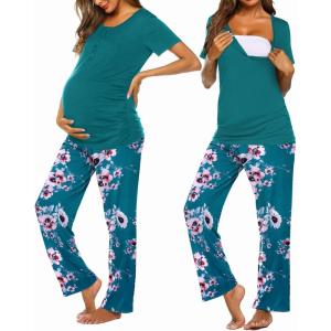 imageEkouaer Womens Maternity Nursing Pajamas Sets Breastfeeding Printed Sleepwear Short Sleeve 2 Pcs Henley Top and Pants SetGreen Floral Print