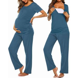 imageEkouaer Womens Maternity Nursing Pajamas Sets Breastfeeding Printed Sleepwear Short Sleeve 2 Pcs Henley Top and Pants SetGrey Blue