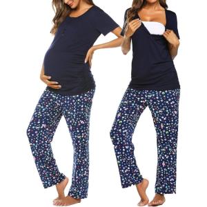 imageEkouaer Womens Maternity Nursing Pajamas Sets Breastfeeding Printed Sleepwear Short Sleeve 2 Pcs Henley Top and Pants SetNavy Blue Print