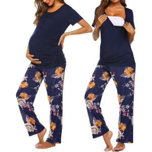 imageEkouaer Womens Maternity Nursing Pajamas Sets Breastfeeding Printed Sleepwear Short Sleeve 2 Pcs Henley Top and Pants SetNavy Floral Print
