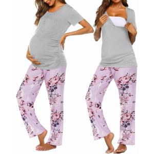 imageEkouaer Womens Maternity Nursing Pajamas Sets Breastfeeding Printed Sleepwear Short Sleeve 2 Pcs Henley Top and Pants SetPink Floral Print