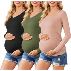 imageEkouaer Womens Maternity Shirts Long Sleeve 3 Packs Pregnancy VNeck Clothes Tunic Blouse Fall Tops for Mama SXXLBlackDirty PinkArmy Green