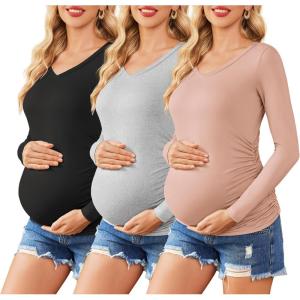 imageEkouaer Womens Maternity Shirts Long Sleeve 3 Packs Pregnancy VNeck Clothes Tunic Blouse Fall Tops for Mama SXXLBlackDirty PinkLight Grey