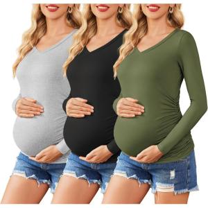 imageEkouaer Womens Maternity Shirts Long Sleeve 3 Packs Pregnancy VNeck Clothes Tunic Blouse Fall Tops for Mama SXXLBlackGreyArmy Green