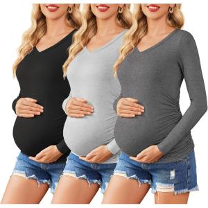 imageEkouaer Womens Maternity Shirts Long Sleeve 3 Packs Pregnancy VNeck Clothes Tunic Blouse Fall Tops for Mama SXXLBlackLight GreyDark Grey