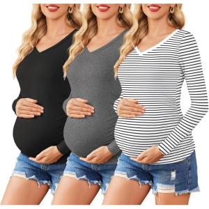 imageEkouaer Womens Maternity Shirts Long Sleeve 3 Packs Pregnancy VNeck Clothes Tunic Blouse Fall Tops for Mama SXXLBlackWhiteDark Grey