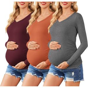 imageEkouaer Womens Maternity Shirts Long Sleeve 3 Packs Pregnancy VNeck Clothes Tunic Blouse Fall Tops for Mama SXXLDark GreyMaroonCaramel