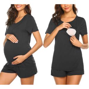 imageEkouaer Maternity Nursing Pajamas Set Short Sleeve Breastfeeding Sleepwear Double Layer Postpartum Top and Shorts SetAblack