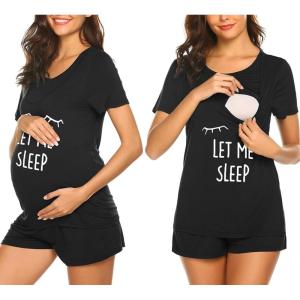 imageEkouaer Maternity Nursing Pajamas Set Short Sleeve Breastfeeding Sleepwear Double Layer Postpartum Top and Shorts SetAblack Sleep
