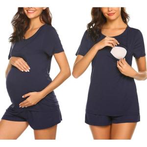imageEkouaer Maternity Nursing Pajamas Set Short Sleeve Breastfeeding Sleepwear Double Layer Postpartum Top and Shorts SetAnavy Blue