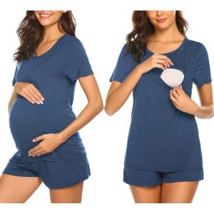imageEkouaer Maternity Nursing Pajamas Set Short Sleeve Breastfeeding Sleepwear Double Layer Postpartum Top and Shorts SetBlue