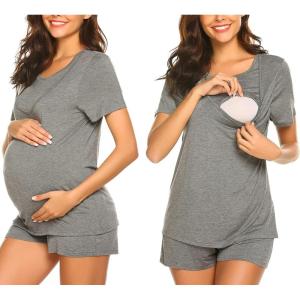 imageEkouaer Maternity Nursing Pajamas Set Short Sleeve Breastfeeding Sleepwear Double Layer Postpartum Top and Shorts SetDark Gray
