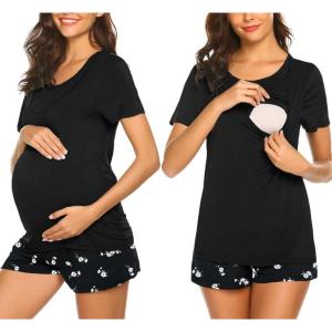 imageEkouaer Maternity Nursing Pajamas Set Short Sleeve Breastfeeding Sleepwear Double Layer Postpartum Top and Shorts SetFloral Black1