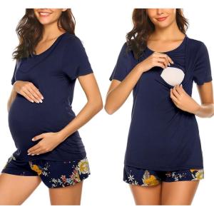 imageEkouaer Maternity Nursing Pajamas Set Short Sleeve Breastfeeding Sleepwear Double Layer Postpartum Top and Shorts SetFloral Blue