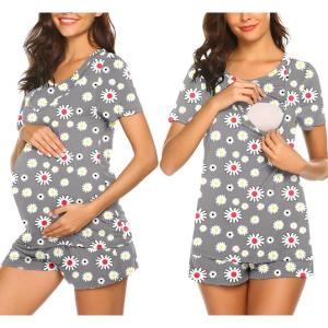 imageEkouaer Maternity Nursing Pajamas Set Short Sleeve Breastfeeding Sleepwear Double Layer Postpartum Top and Shorts SetFloral Gray1