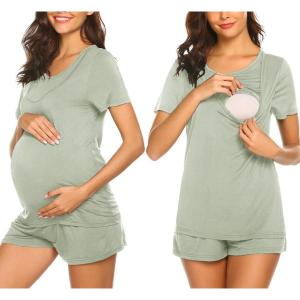 imageEkouaer Maternity Nursing Pajamas Set Short Sleeve Breastfeeding Sleepwear Double Layer Postpartum Top and Shorts SetLight Green