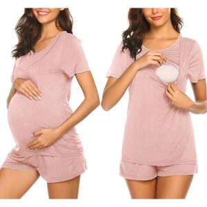 imageEkouaer Maternity Nursing Pajamas Set Short Sleeve Breastfeeding Sleepwear Double Layer Postpartum Top and Shorts SetPink1