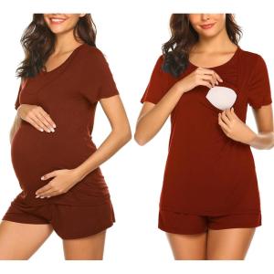 imageEkouaer Maternity Nursing Pajamas Set Short Sleeve Breastfeeding Sleepwear Double Layer Postpartum Top and Shorts SetWine Red