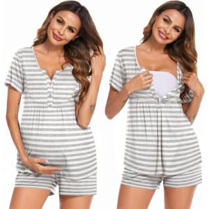 imageEkouaer Womens Maternity Nursing Pajama Sets Short Sleeve Postpartum Pajamas Breastfeeding Pregnancy ClothesLight Grey Stripe