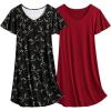 imageEkouaer 2 Pack Nightgowns for Women Flare Short Sleeve Sleepshirt V Neck Sleepwear Pajama Dress S2XLCat Print  Wine Red