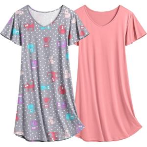 imageEkouaer 2 Pack Nightgowns for Women Flare Short Sleeve Sleepshirt V Neck Sleepwear Pajama Dress S2XLAnimal  Pink Print