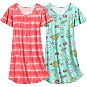 imageEkouaer 2 Pack Nightgowns for Women Flare Short Sleeve Sleepshirt V Neck Sleepwear Pajama Dress S2XLBeach  Orange Wave