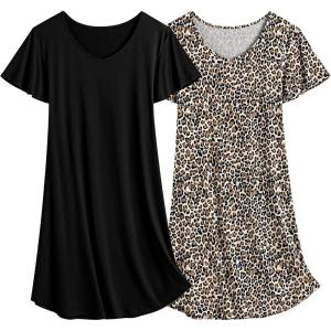 imageEkouaer 2 Pack Nightgowns for Women Flare Short Sleeve Sleepshirt V Neck Sleepwear Pajama Dress S2XLBlack  Leopard