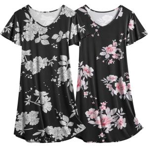 imageEkouaer 2 Pack Nightgowns for Women Flare Short Sleeve Sleepshirt V Neck Sleepwear Pajama Dress S2XLBlack Flowerpink Flower