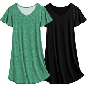 imageEkouaer 2 Pack Nightgowns for Women Flare Short Sleeve Sleepshirt V Neck Sleepwear Pajama Dress S2XLBlack Green