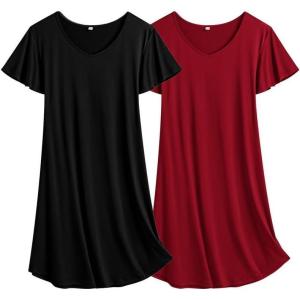 imageEkouaer 2 Pack Nightgowns for Women Flare Short Sleeve Sleepshirt V Neck Sleepwear Pajama Dress S2XLBlackwine Red