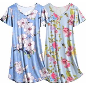 imageEkouaer 2 Pack Nightgowns for Women Flare Short Sleeve Sleepshirt V Neck Sleepwear Pajama Dress S2XLBlue Flowerpink Flower