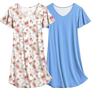 imageEkouaer 2 Pack Nightgowns for Women Flare Short Sleeve Sleepshirt V Neck Sleepwear Pajama Dress S2XLBluewhite Floral Print