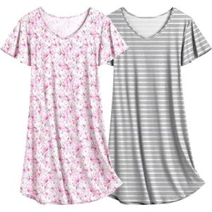 imageEkouaer 2 Pack Nightgowns for Women Flare Short Sleeve Sleepshirt V Neck Sleepwear Pajama Dress S2XLButterfly  Stripe