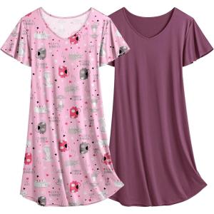 imageEkouaer 2 Pack Nightgowns for Women Flare Short Sleeve Sleepshirt V Neck Sleepwear Pajama Dress S2XLCat  Purple
