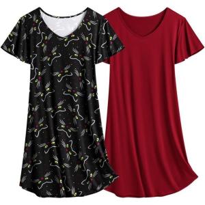 imageEkouaer 2 Pack Nightgowns for Women Flare Short Sleeve Sleepshirt V Neck Sleepwear Pajama Dress S2XLCat Print  Wine Red