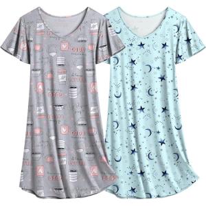 imageEkouaer 2 Pack Nightgowns for Women Flare Short Sleeve Sleepshirt V Neck Sleepwear Pajama Dress S2XLCoffee  Star Print